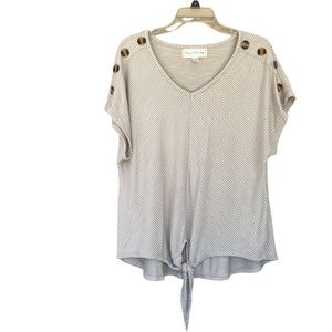 French Laundry tan & white striped shirt tie front with buttons on shoulder